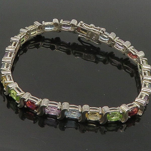 925 Sterling Silver - Amethyst Peridot Garnet & Topaz Chain Bracelet - BT6769
