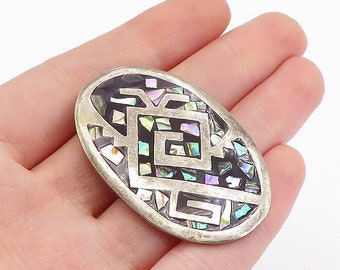 MEXICO 925 Sterling Silver - Vintage Abalone Shell Mosaic Brooch Pin - BP1795