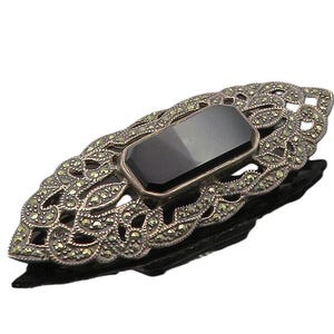 925 Sterling Silver Vintage Black Onyx & Marcasite Cutout Brooch Pin BP3950