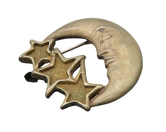 925 Sterling Silver Vintage Crescent Moon Face & Stars Brooch Pin BP7717