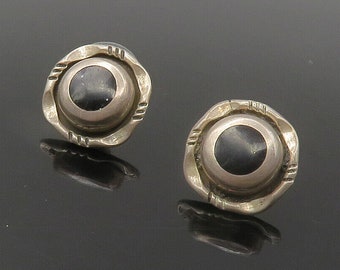 MEXICO 925 Sterling Silver - Vintage Inlaid Black Onyx Stud Earrings - EG8802