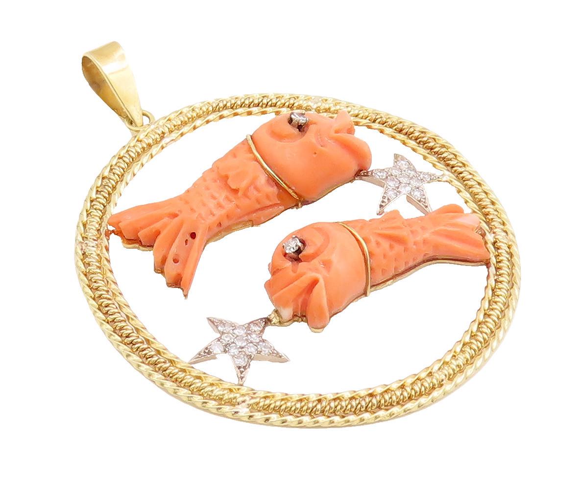 18K GOLD Vintage Pendant Twisted Rope Real Diamonds & Carved Coral Fish GP744