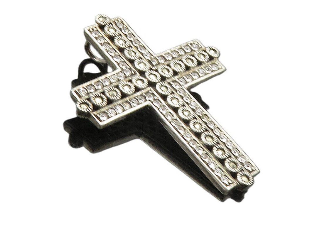 925 Sterling Silver Vintage Shiny Marcasite Religious Cross Pendant ...