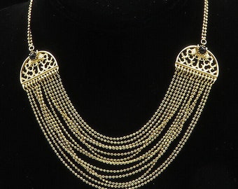 925 Silver - Vintage Black Onyx Gold Plated Multi-Strand Chain Necklace - NE3422