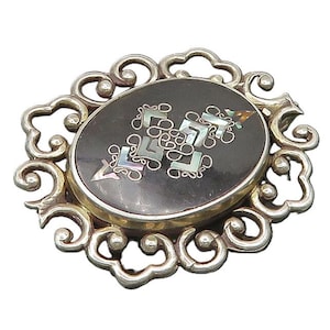 PGG MEXICO 925 Silver Vintage Inlay Black Onyx & Abalone Brooch Pin BP9530