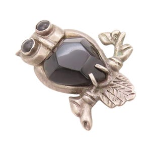 Broche vintage de plata de ley 925 con incrustaciones de ónix mexicano, búho nocturno tallado, BP11539