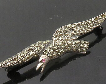 925 Sterling Silver - Vintage Marcasite Flying Bird Motif Brooch Pin - BP5960