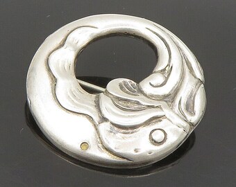 CORO 925 Sterling Silver - Vintage Rare Coiled Fish Motif Brooch Pin - BP9370