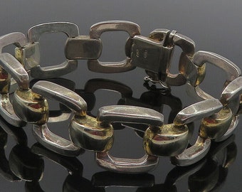 925 Sterling Silver - Vintage Two Tone Square Hinge Link Chain Bracelet - BT4589