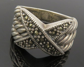 925 Sterling Silver - Vintage Marcasite Rope Twist Band Ring Sz 8 - RG13324