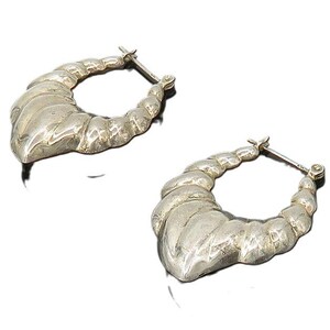925 Sterling Silver Vintage Shiny Hollow Fluted Pointed Hoop Earrings EG8831