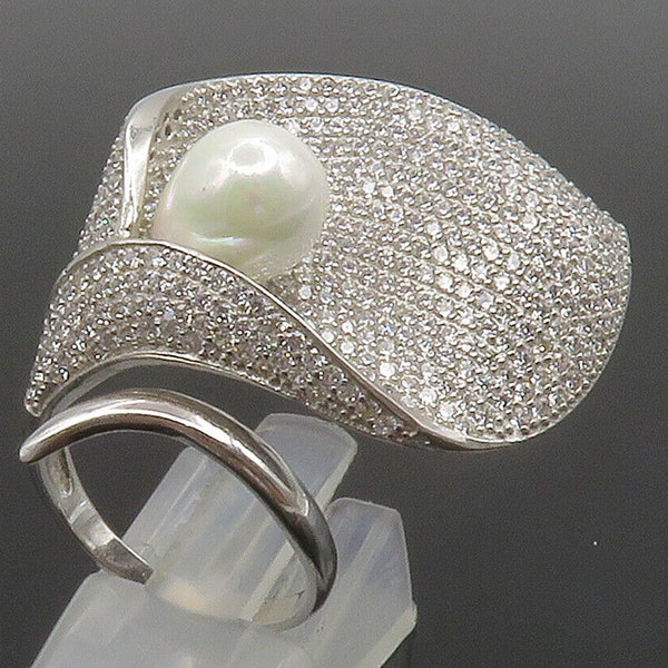 925 Sterling Silver - Pearl & Cubic Zirconia Cocktail Ring Sz 7.5 - RG14891