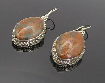925 Sterling Silver - Vintage Jasper Pointed Oval Shiny Dangle Earrings - EG3645