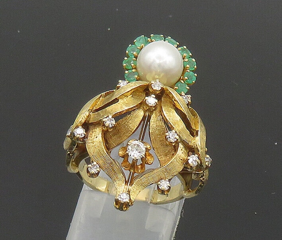 14K GOLD - Vintage Genuine Diamonds Pearl & Emera… - image 1