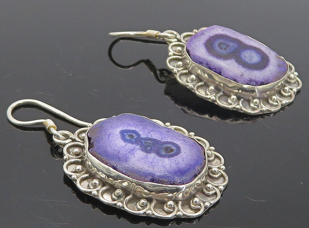 925 Sterling Silver Vintage Purple Agate Swirl Border Dangle Earrings EG2986 Etsy Denmark