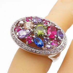 925 Sterling Silver - Amethyst Topaz & Peridot Dome Cocktail Ring Sz 6 - RG3632