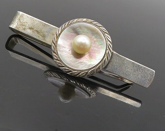 925 Sterling Silver - Vintage Mother Of Pearl & Petite Pearl Tie Clip - TR1548