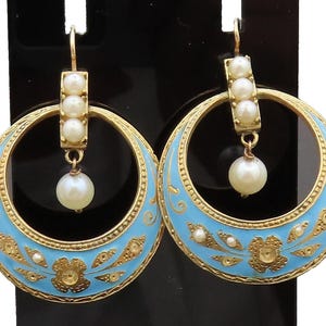 14K GOLD Vintage Antique Enamel & Pearls Victorian Hook On Earrings GE220