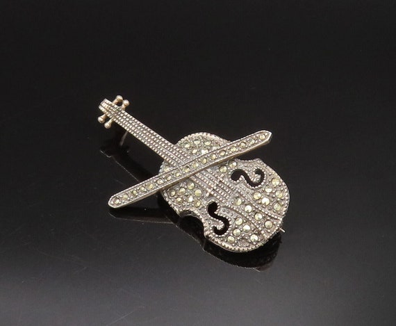 925 Sterling Silver - Vintage Marcasite Violin In… - image 2