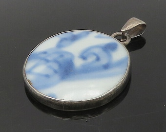 Argento sterling 925 - Pendente a goccia rotondo vintage in ceramica cinese - PT14164