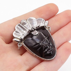 MEXICO 925 Sterling Silver Vintage Face Carved Black Onyx Brooch Pin BP2618