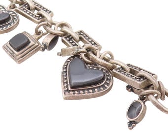 925 Sterling Silver Vintage Bracelet MEXICO Onyx Dangling Heart & Charms BT11240