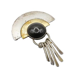 DESIGNER 925 Silver Vintage Cabochon Cut Black Onyx 2 Tone Brooch Pin BP7693
