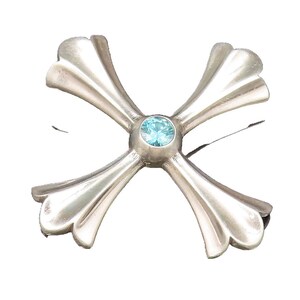 925 Sterling Silver Vintage Fancy Blue Topaz Fluted Cross Brooch Pin BP10067