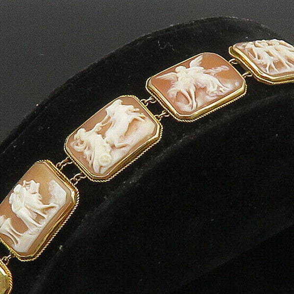 EUROPEAN 14K GOLD - Vintage Antique Pictorial Panel Cameo Chain Bracelet- GBR040