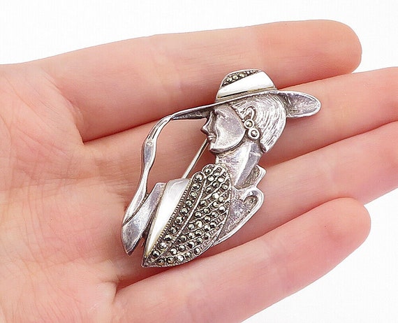 925 Silver - Vintage Mother Of Pearl & Marcasite … - image 1