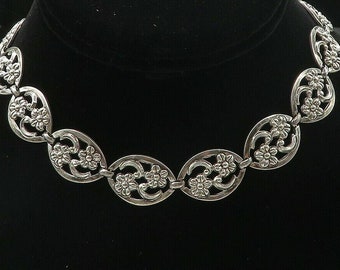 WRE 925 Sterling Silver - Vintage Open Flower Swirl Link Chain Necklace - NE1510