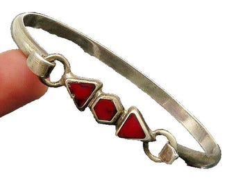 MEXICO 925 Sterling Silver Vintage Red Jasper Hook Bangle Bracelet BT8695