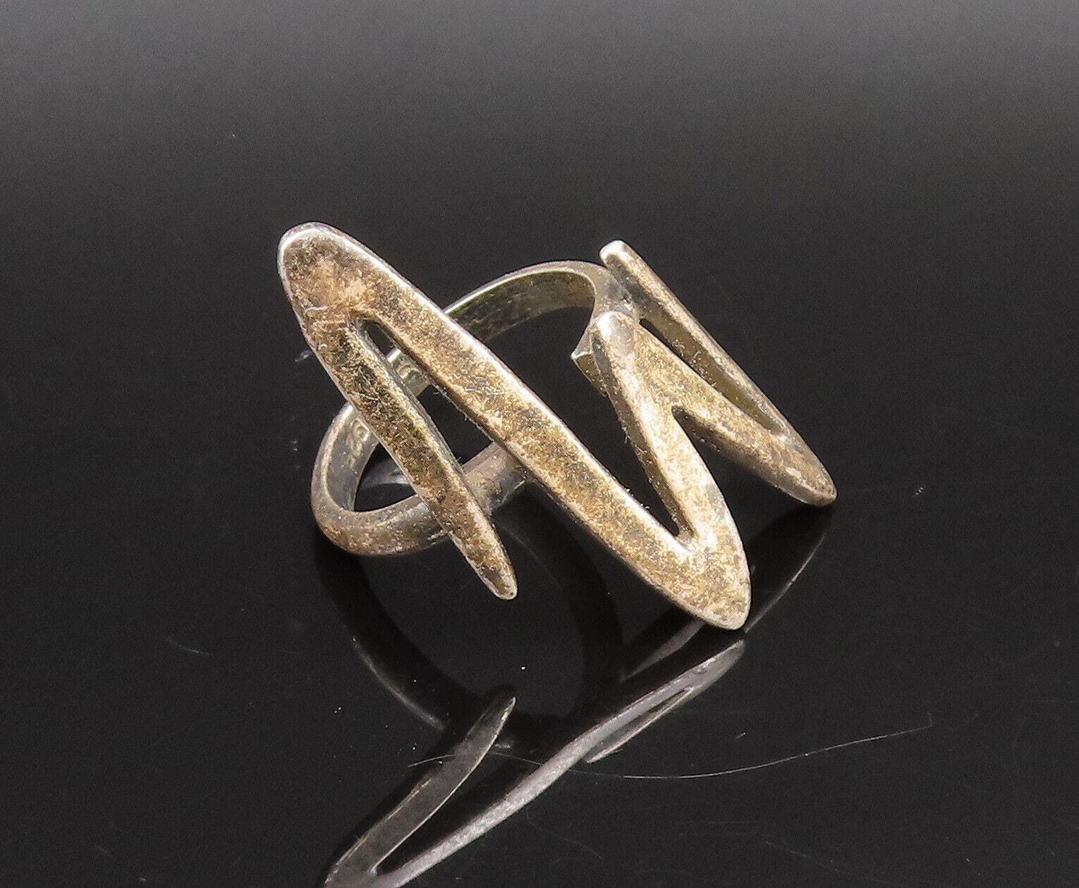 MEXICO 925 Silver Vintage Modernist Zig Zag Full Finger Ring