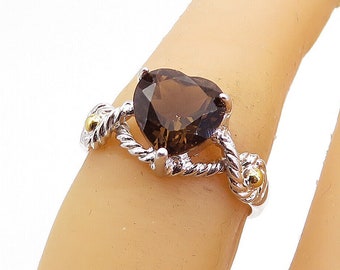 925 Silver & 18K GOLD - Smoky Topaz Heart Two Tone Solitaire Ring Sz 6 - RG3941