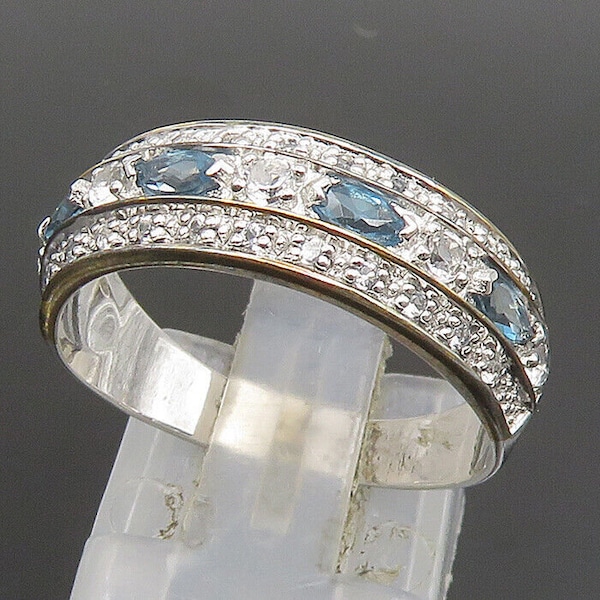 925 Silver - Vintage Sparkly Blue & White Topaz Band Ring Sz 8.5 - RG25172
