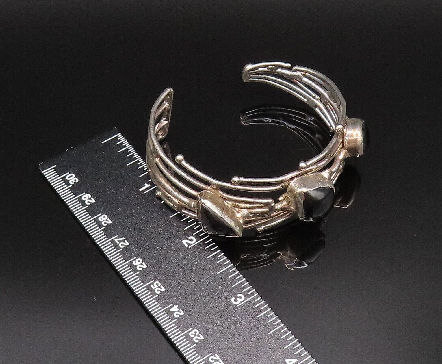925 Silver Vintage Multi Shaped Black Onyx Open Rows Cuff