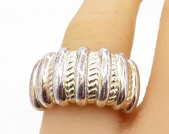 925 Sterling Silver - Shiny Two Tone Twist Pattern Dome Band Ring Sz 9 - RG6539