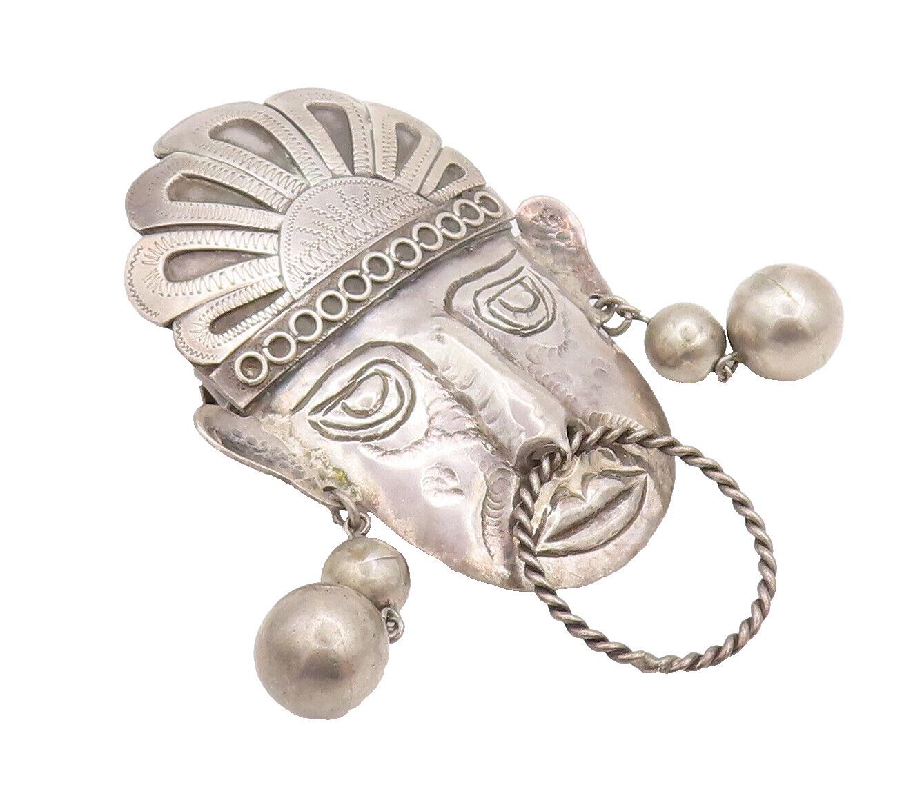 925 Sterling Silver Vintage Antique Large Aztec Warrior Brooch Pin BP10532