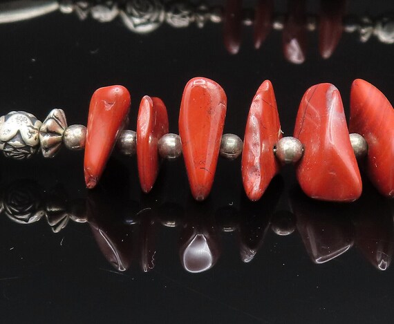 925 Silver - Vintage Engraved Bead Ball & Coral L… - image 4