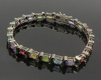 925 Silver - Vintage Topaz Peridot Garnet & Amethyst Chain Bracelet - BT6421