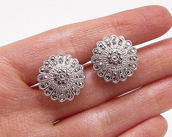 Argent 925 - Boucles d'oreilles vintage florales en marcassite non percées - EG1944