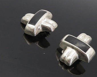 MEXICO 925 Silver - Vintage Black Onyx Crossed Non Pierce Earrings - EG4175