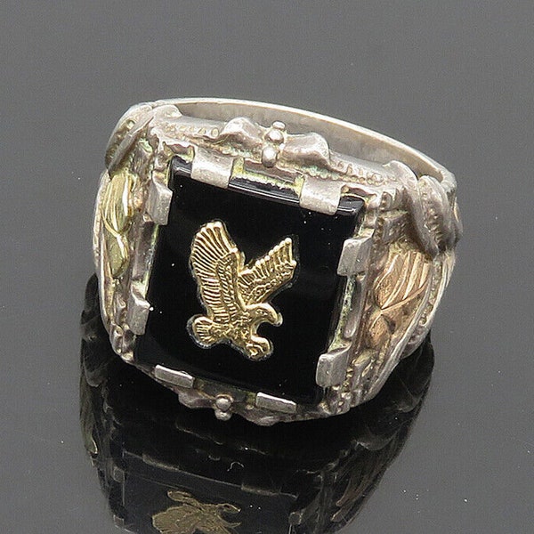 925 Silver & 14K GOLD - Vintage Black Onyx Eagle Band Ring Sz 9 - RG17464