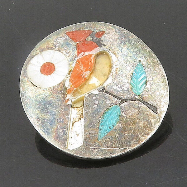 RNL ZUNI 925 Silver - Vintage Turquoise & Multi-Stone Bird Brooch Pin - BP7652