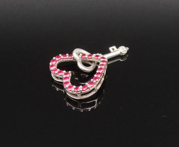925 Silver - Vintage Dainty Ruby Open Heart With … - image 4