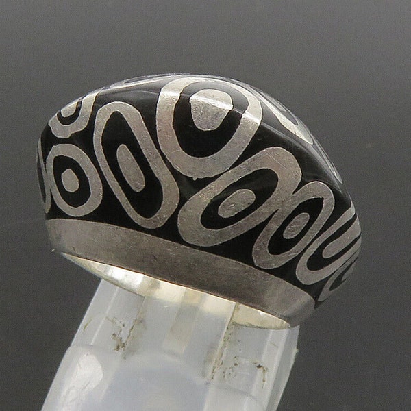 FLLI MENEGATTI 925 Silver - Vintage Black Enamel Dome Band Ring Sz 6 - RG24019