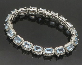 925 Sterling Silber - Shiny Prong Set Blautopas Kettenarmband - BT7337