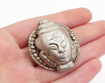 925 Sterling Silver - Vintage Antique Traditional Etched Face Brooch Pin- BP1919