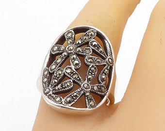 925 Sterling Silver - Marcasite Open Retro Flowers Cocktail Ring Sz 7.5 - RG8323