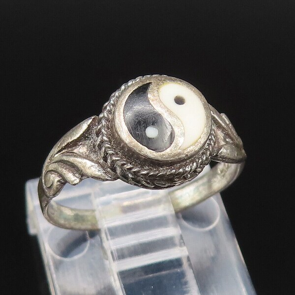 925er Sterlingsilber – Vintage-Yin-Yang-Ring mit gedrehtem Seilrand, Gr. 4 – RG25463